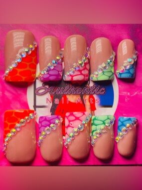 Colorful Marble French Tips with Rhinestone Accent